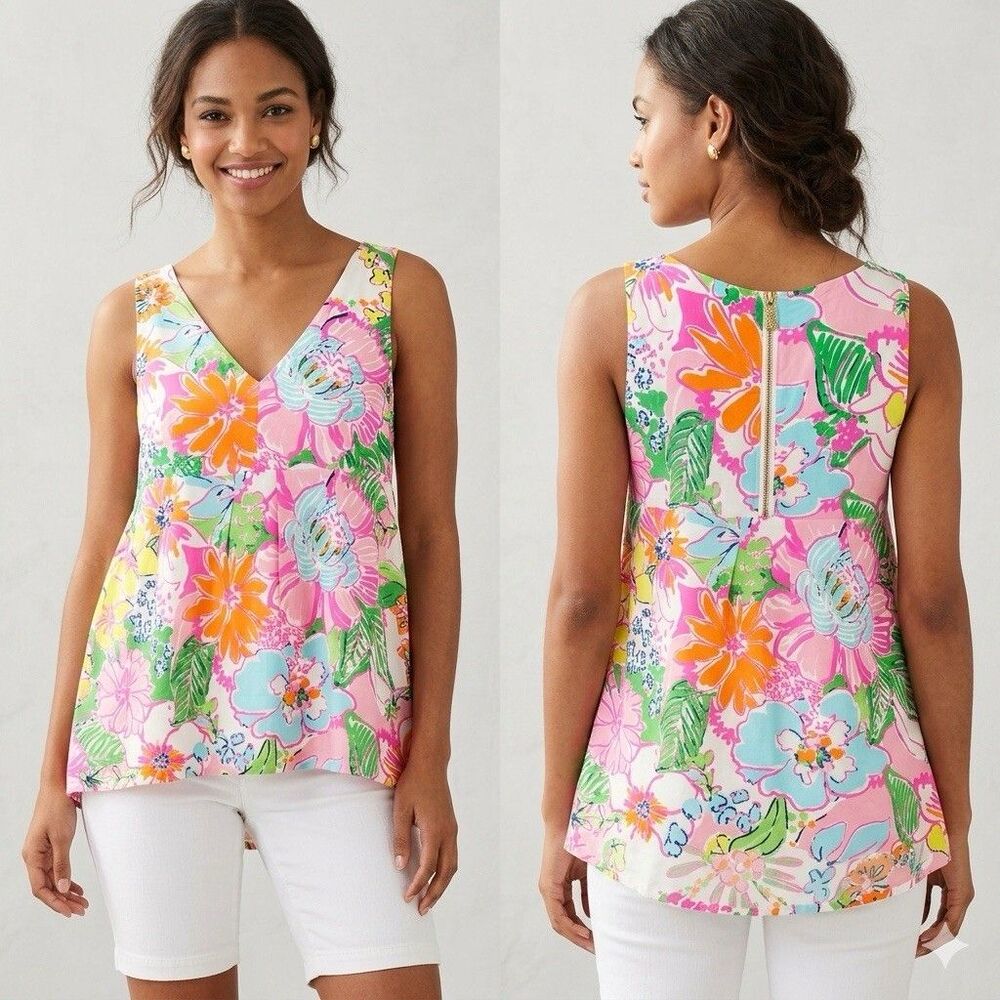 Lilly Pulitzer Target Vibrant Floral Sleeveless Swing Tunic Top Gold Zipper M